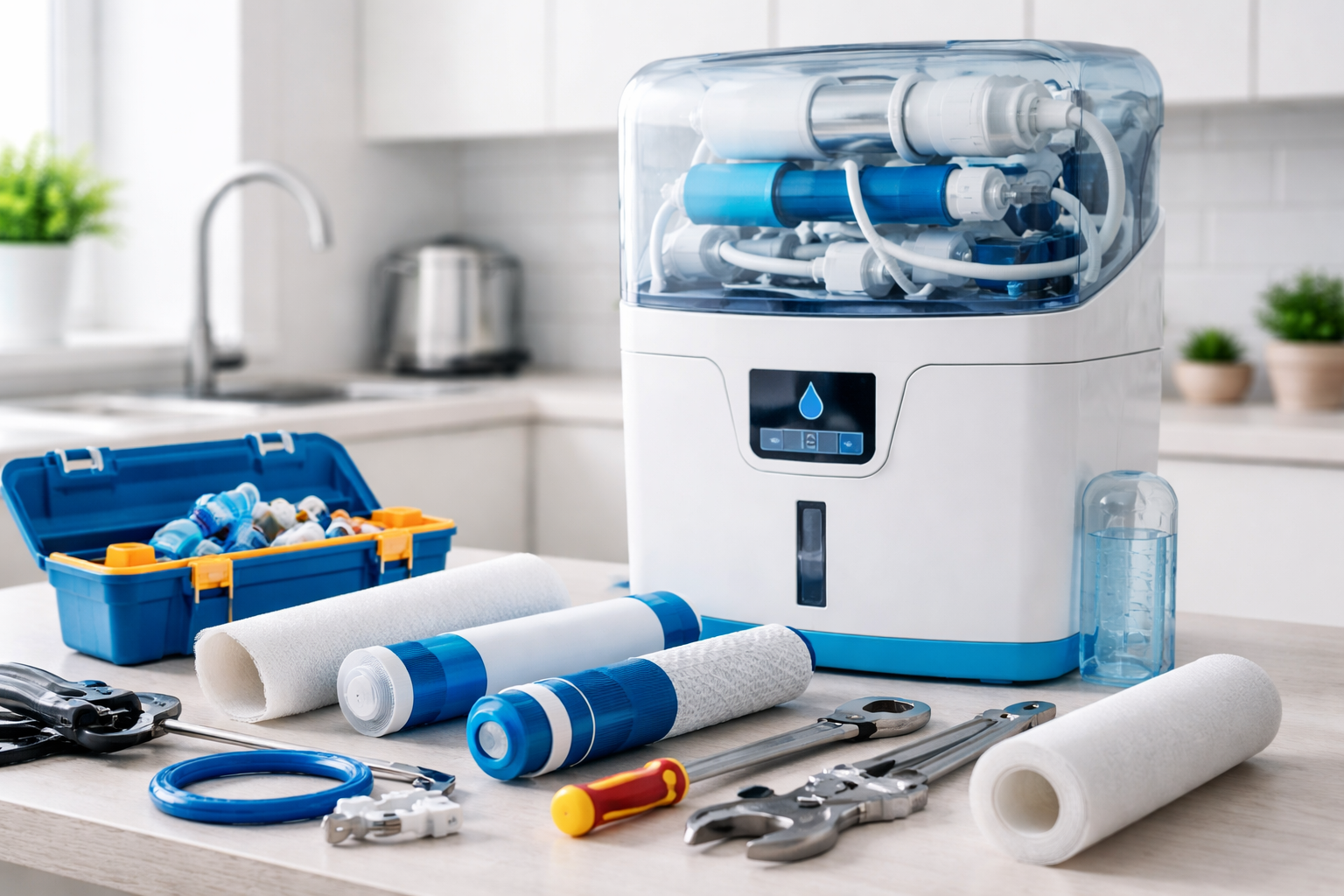 Water purifier maintenance with RO filters and service tools showing Water Purifier AMC Charge in India concept.